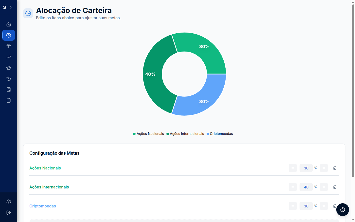 Alocação de Carteira — metas personalizadas por classe de ativo