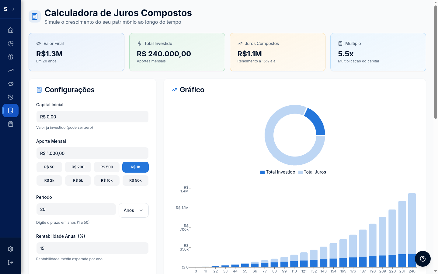 Calculadora de Juros Compostos — simulação de patrimônio ao longo do tempo